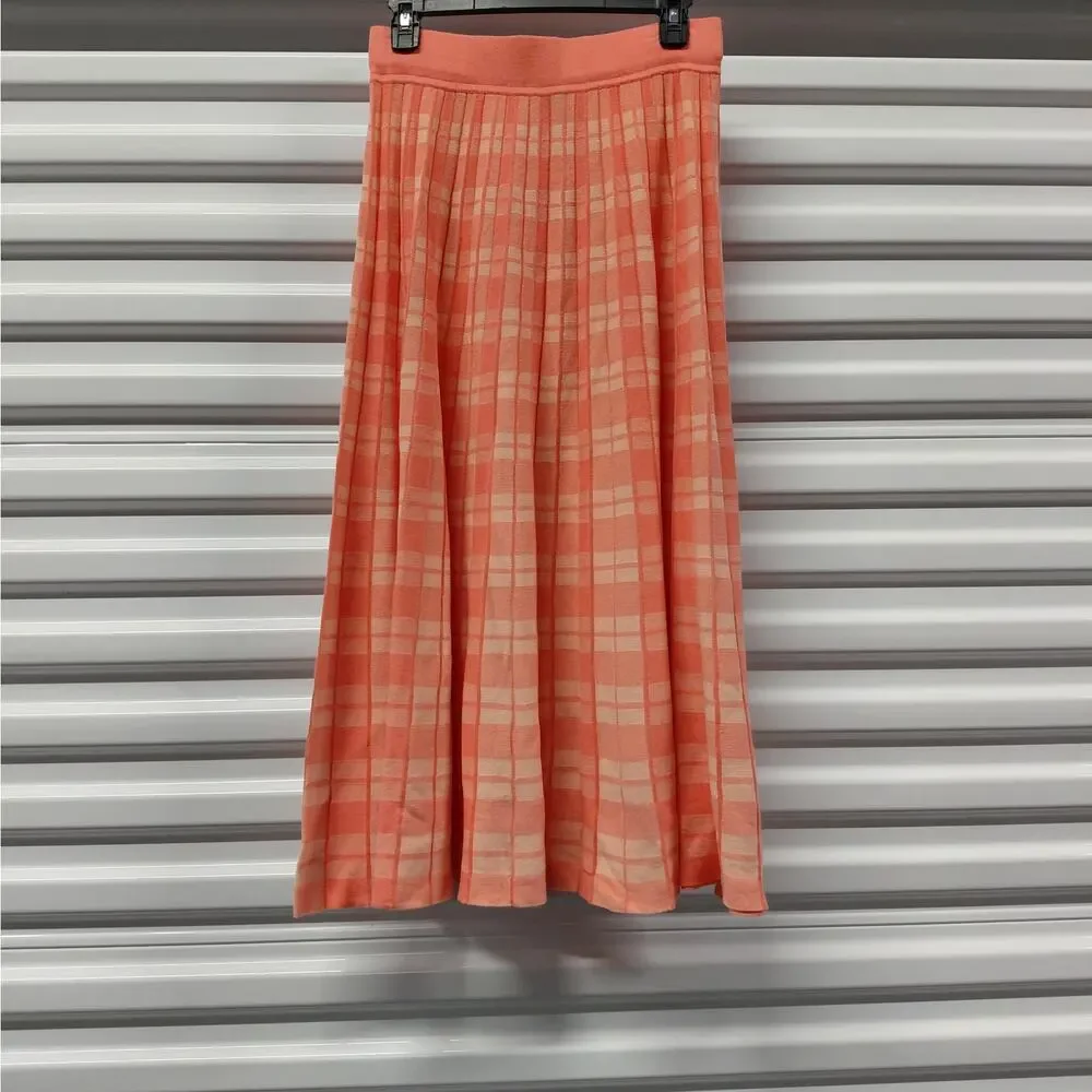 Kate Spade Women Skirt Size Small Peach Plaid Cottagecore Coquette Pleated Midi